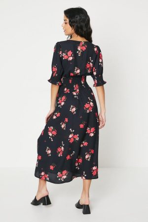 Petite Floral Shirred Waist Midi Dress
