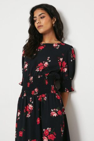 Petite Floral Shirred Waist Midi Dress