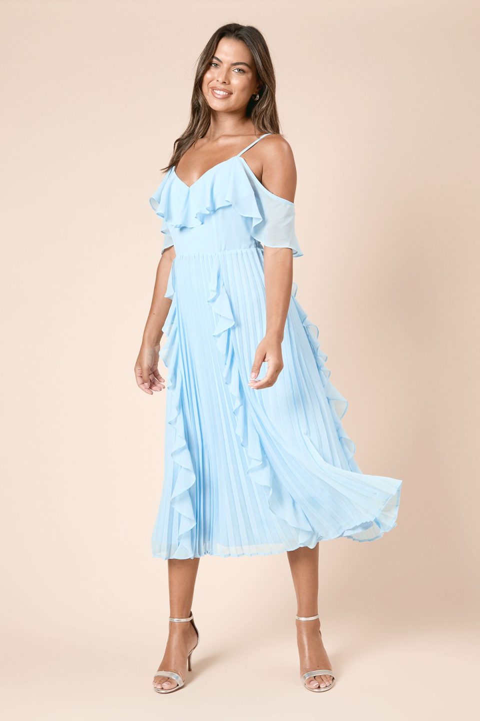 DP Petite Luxe Ruffle Front Cold Shoulder Midi Dress