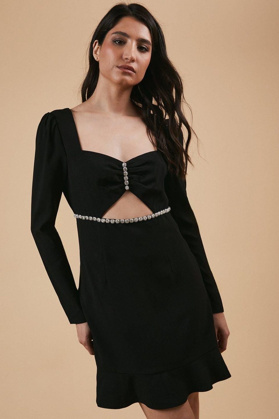 Petite Occasion Crepe Diamante Trim Cut Out Mini Dress