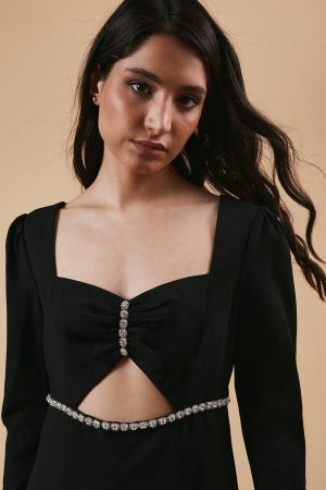 Petite Occasion Crepe Diamante Trim Cut Out Mini Dress