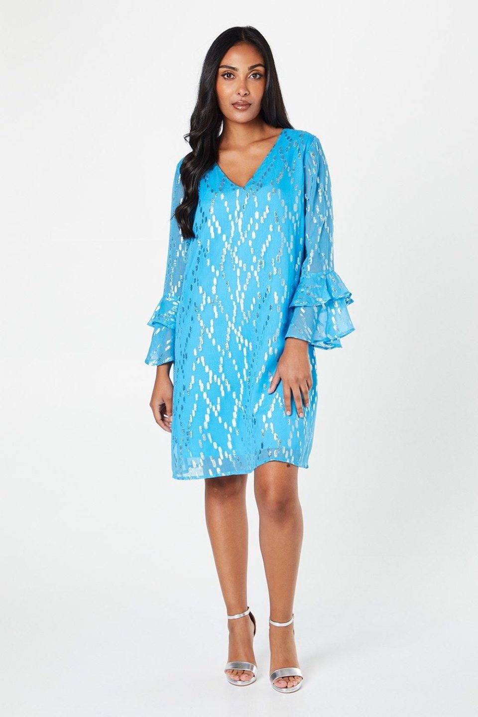 Petite Metallic Ruffle Sleeve Shift Dress