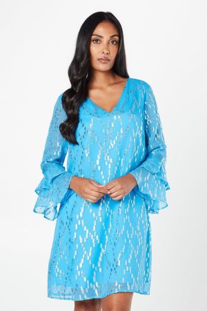 Petite Metallic Ruffle Sleeve Shift Dress