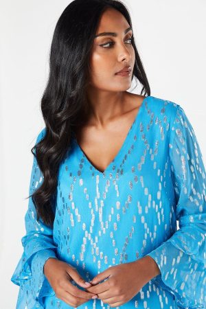 Petite Metallic Ruffle Sleeve Shift Dress