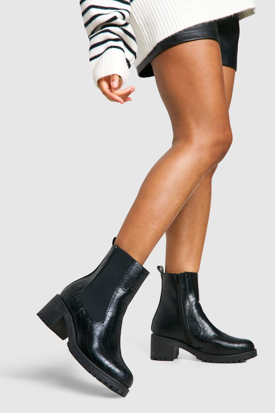 Tab Detail Low Block Heel Croc Chelsea Boots