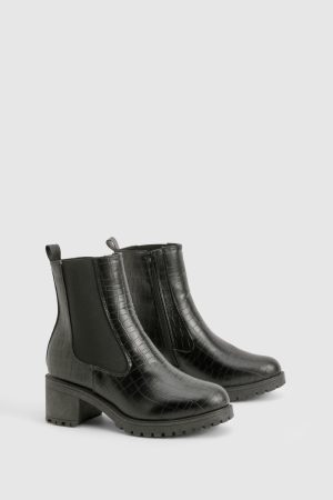 Tab Detail Low Block Heel Croc Chelsea Boots