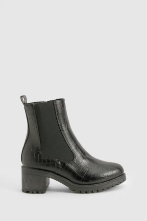 Tab Detail Low Block Heel Croc Chelsea Boots