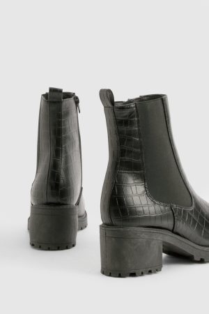 Tab Detail Low Block Heel Croc Chelsea Boots