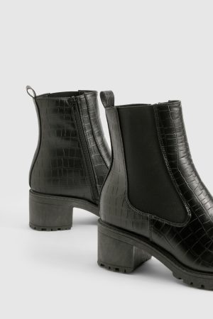Tab Detail Low Block Heel Croc Chelsea Boots