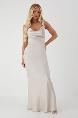 Premium Satin Cowl Neck Fishtail Maxi Dress