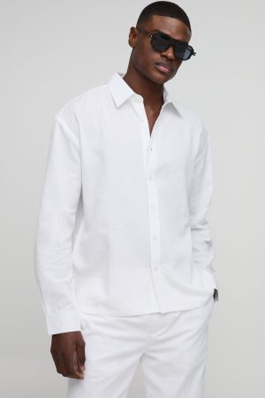 Oversized Long Sleeve Collared Linen Blend Shirt
