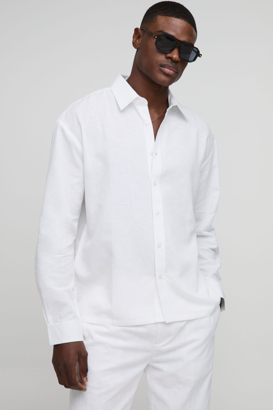 Oversized Long Sleeve Collared Linen Blend Shirt