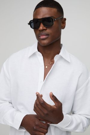 Oversized Long Sleeve Collared Linen Blend Shirt