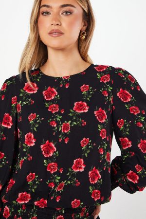 Floral Shirred Hem Blouse