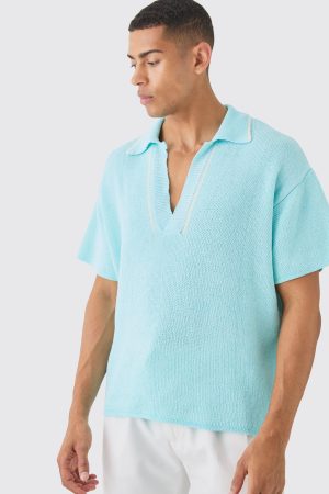 Regular Fit V Neck Knitted Polo With Tipping