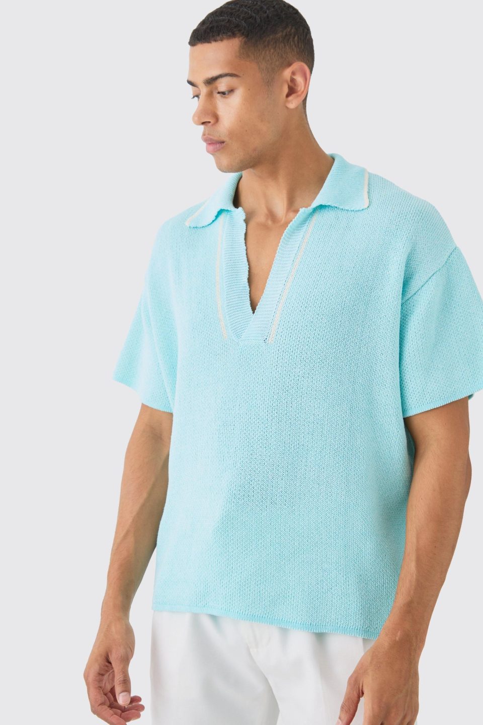 Regular Fit V Neck Knitted Polo With Tipping