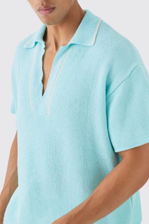 Regular Fit V Neck Knitted Polo With Tipping