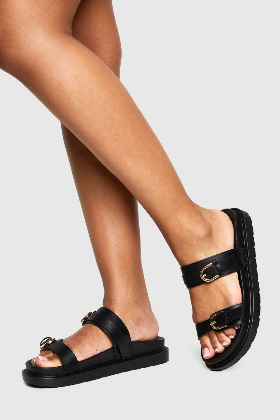 Double Buckle Detail Footbed Sliders