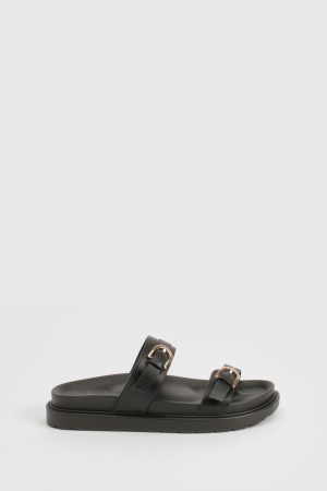 Double Buckle Detail Footbed Sliders