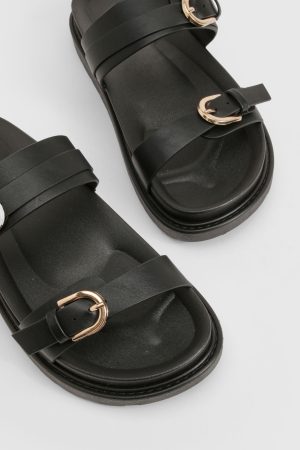Double Buckle Detail Footbed Sliders