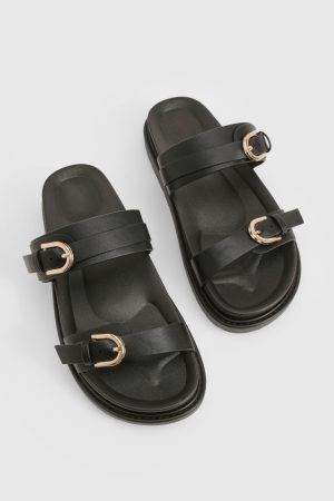 Double Buckle Detail Footbed Sliders