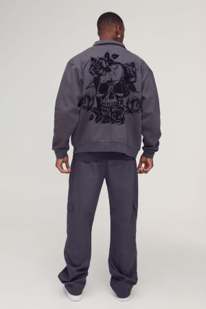 Oversized Peached Flock Print Skull Bomber Jacket