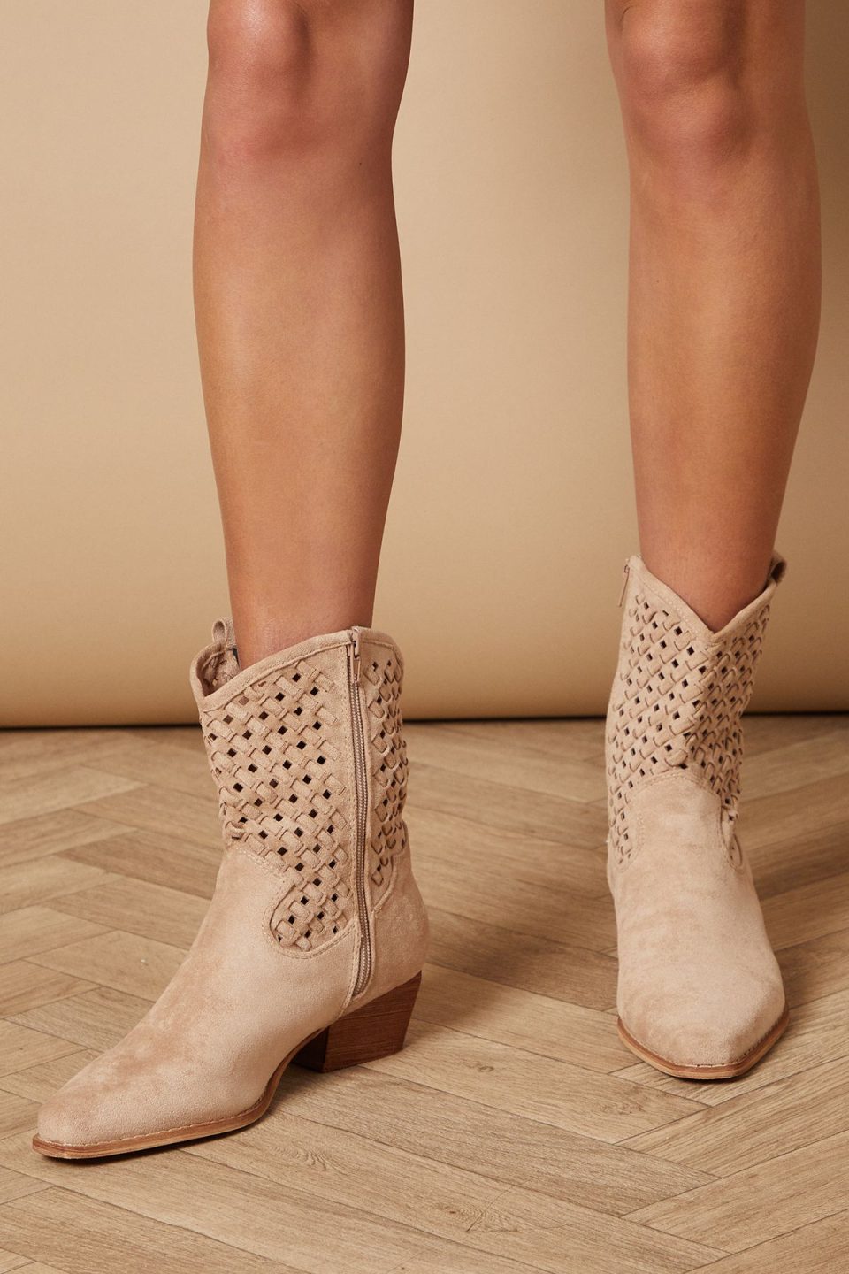 Avalina Faux Suede Chisel Toe Lattice Detail Western Cowboy Ankle Boots