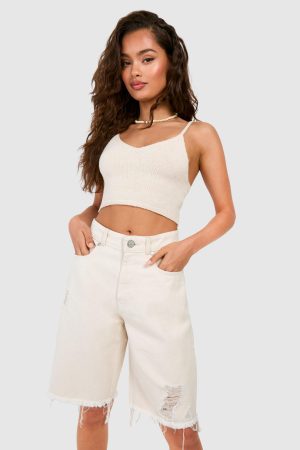 Ripped Raw Hem Longline Denim Jorts