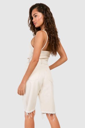Ripped Raw Hem Longline Denim Jorts
