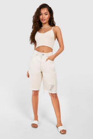 Ripped Raw Hem Longline Denim Jorts