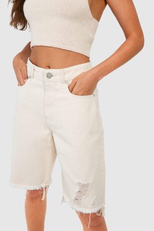 Ripped Raw Hem Longline Denim Jorts