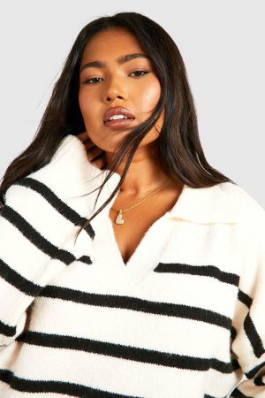 Plus Soft Knot Collar Stripe Jumper