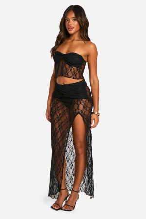 Lace Ruched Split Maxi Skirt