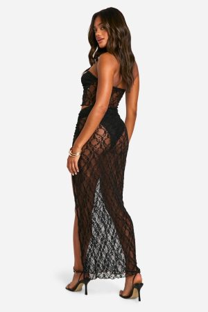 Lace Ruched Split Maxi Skirt