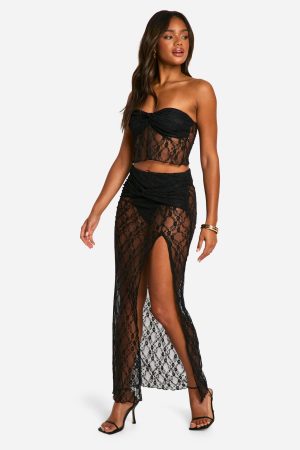 Lace Ruched Split Maxi Skirt