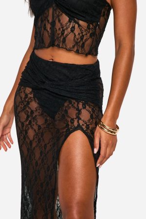 Lace Ruched Split Maxi Skirt