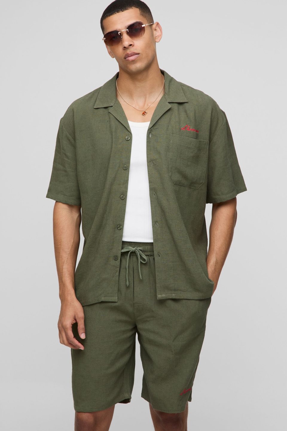 Oversized L'homme Embroidered Heavyweight Linen Shirt & Short Set