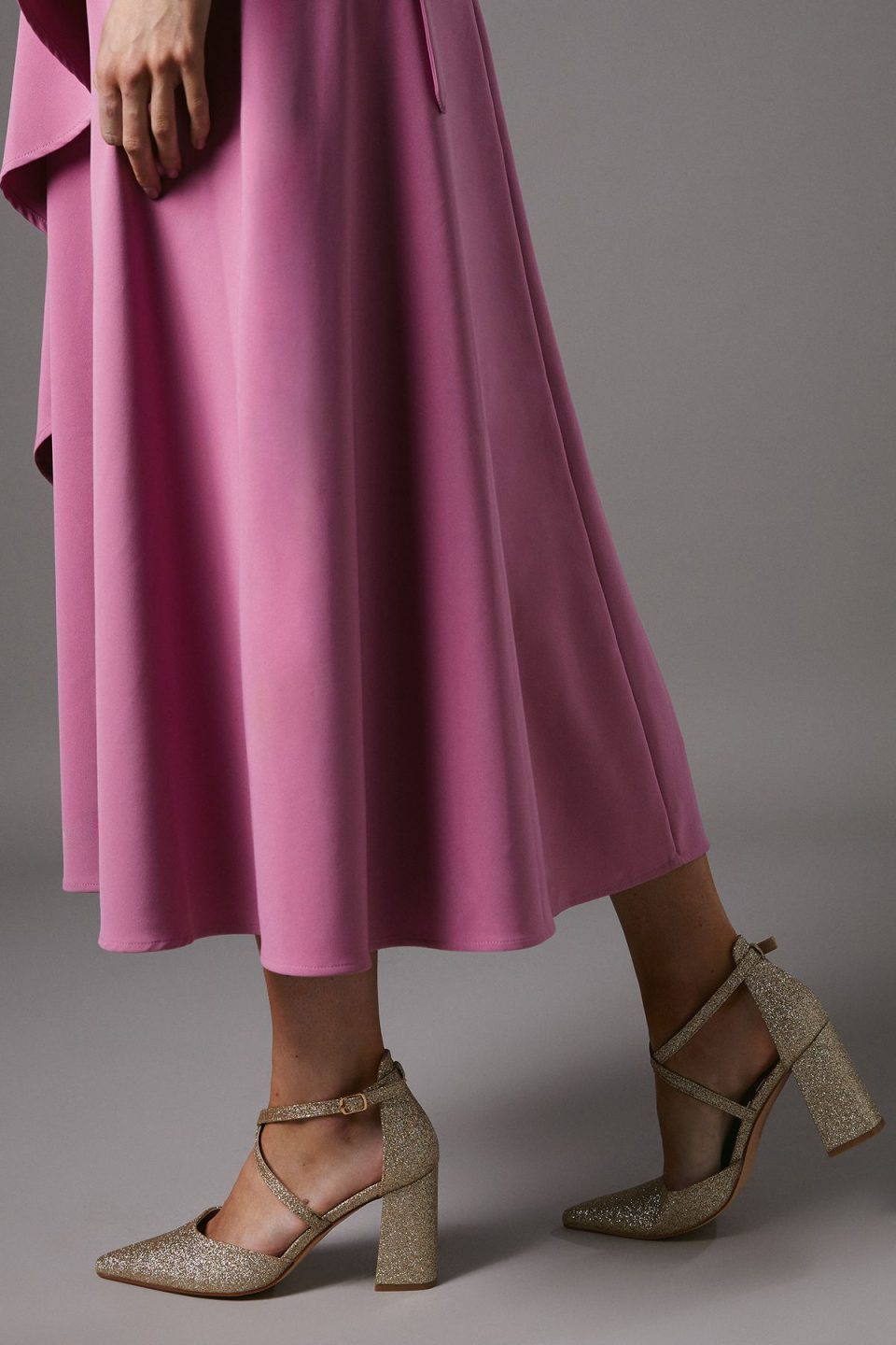 Wide Fit Treat Glitter Cross Strap Pointed Block Heel Court Shoes