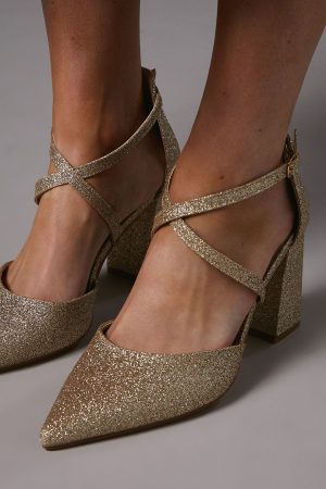 Wide Fit Treat Glitter Cross Strap Pointed Block Heel Court Shoes