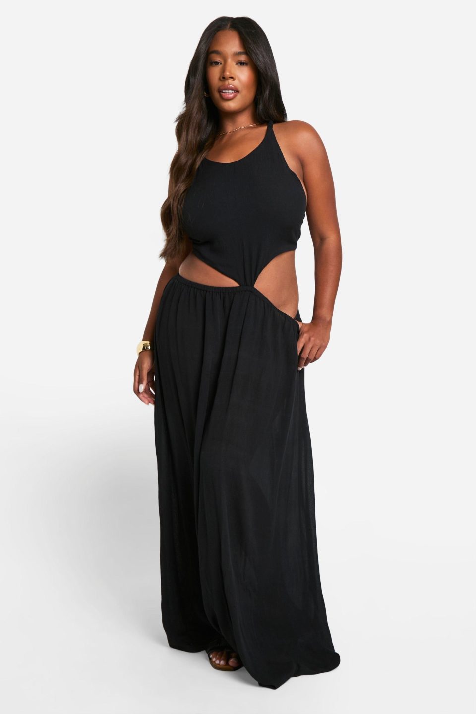 Plus Cheesecloth Halterneck Cut Out Maxi Dress
