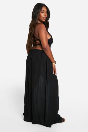 Plus Cheesecloth Halterneck Cut Out Maxi Dress