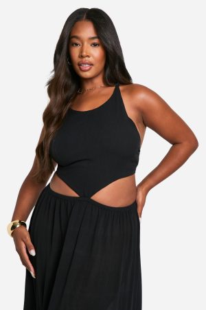 Plus Cheesecloth Halterneck Cut Out Maxi Dress