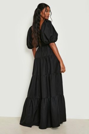 Extreme Puff Sleeve Shirred Maxi Smock Dress