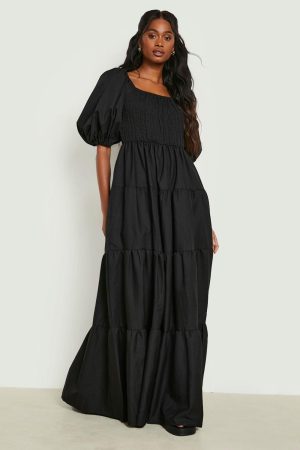 Extreme Puff Sleeve Shirred Maxi Smock Dress