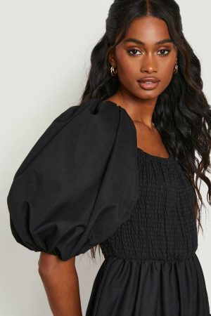 Extreme Puff Sleeve Shirred Maxi Smock Dress