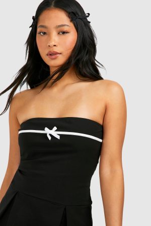 Petite Bow Contrast Pleated Bandeau Mini Dress
