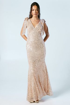 Sequin Tie Shoulder Bridesmaids Maxi Dress