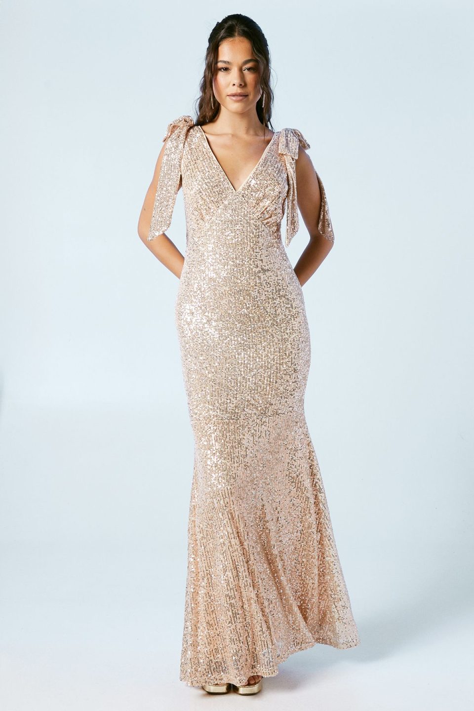 Sequin Tie Shoulder Bridesmaids Maxi Dress