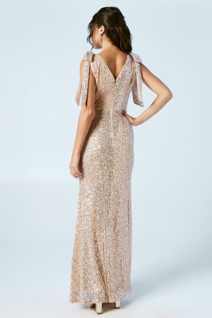 Sequin Tie Shoulder Bridesmaids Maxi Dress