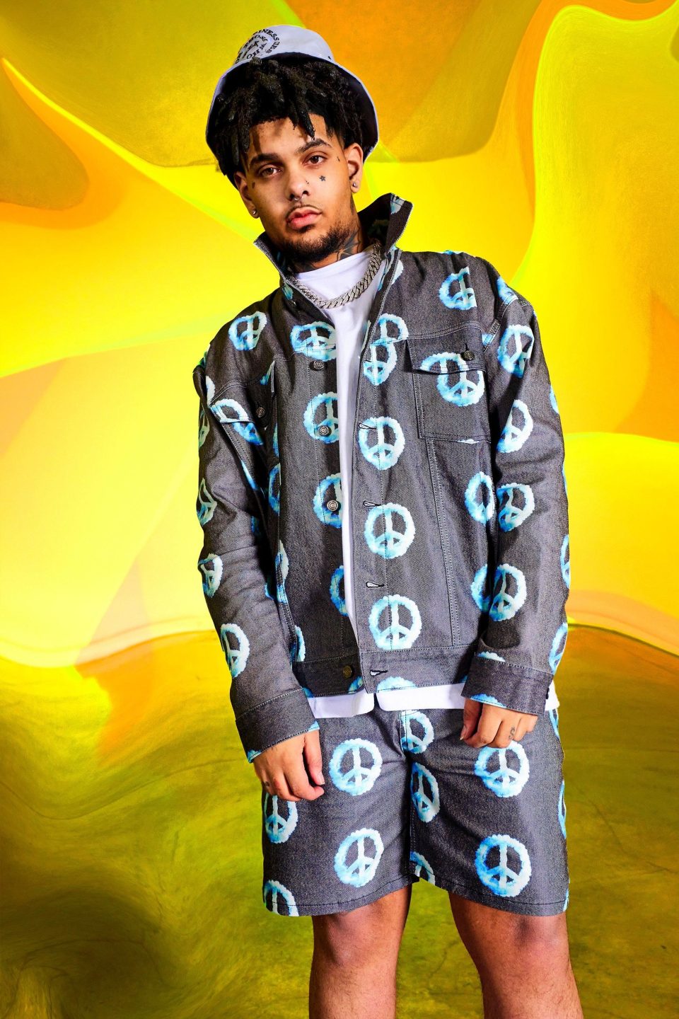 Oversized All Over Peace Print Denim Jacket